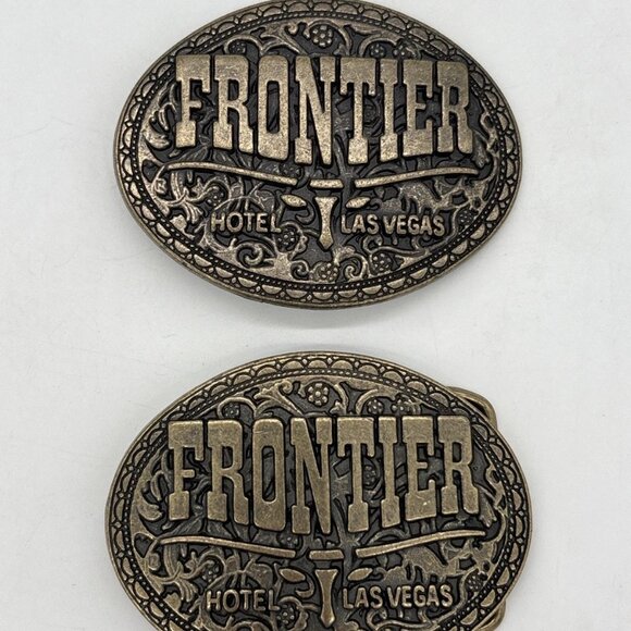 Lot of 2 Brass Belt Buckles Frontier Hotel Las Vegas Vintage Casino 1970s - Picture 1 of 2
